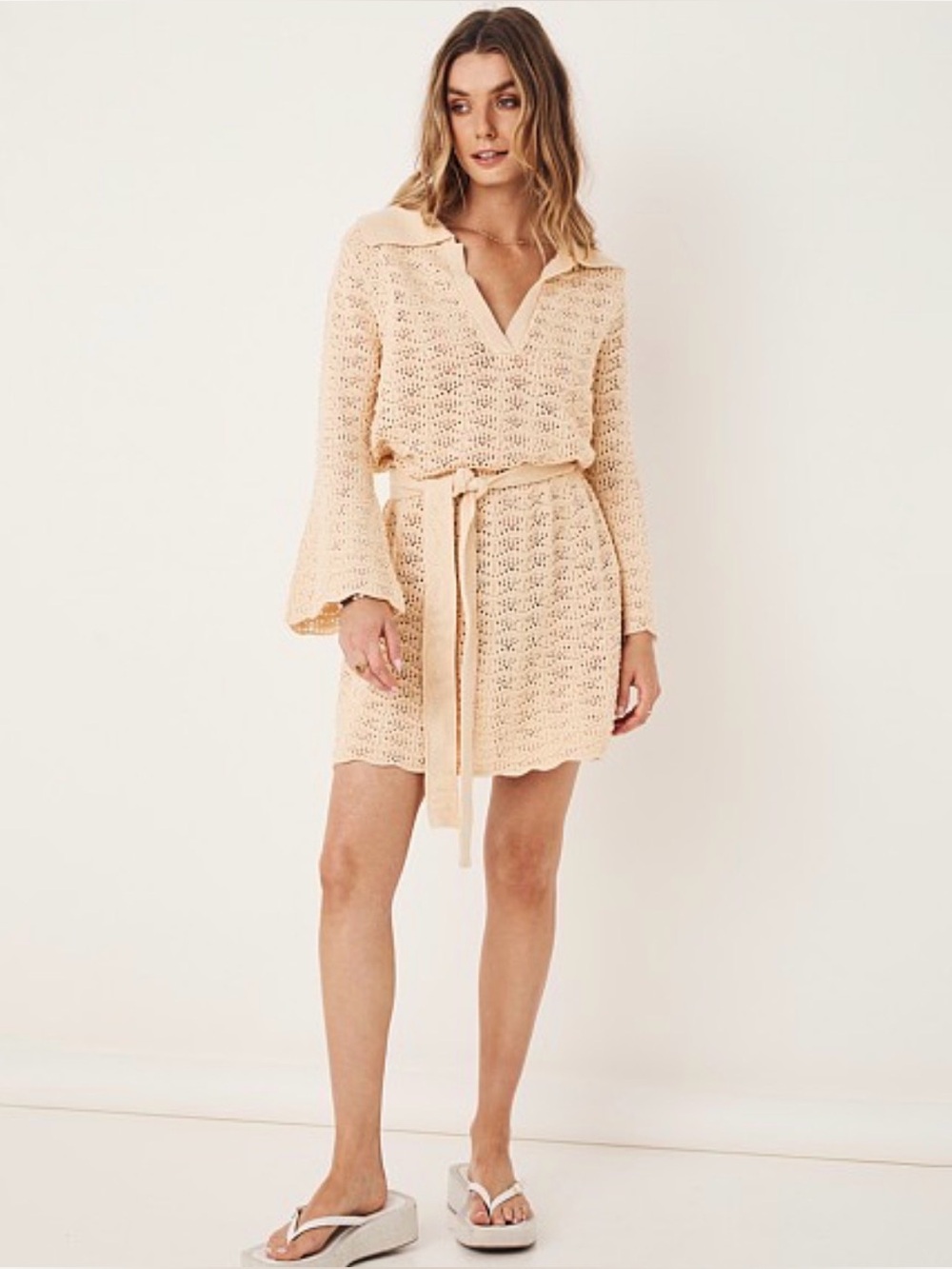 Spell Road to Paradise vintage Crochet Tie-Waist Mini Dress in wheat